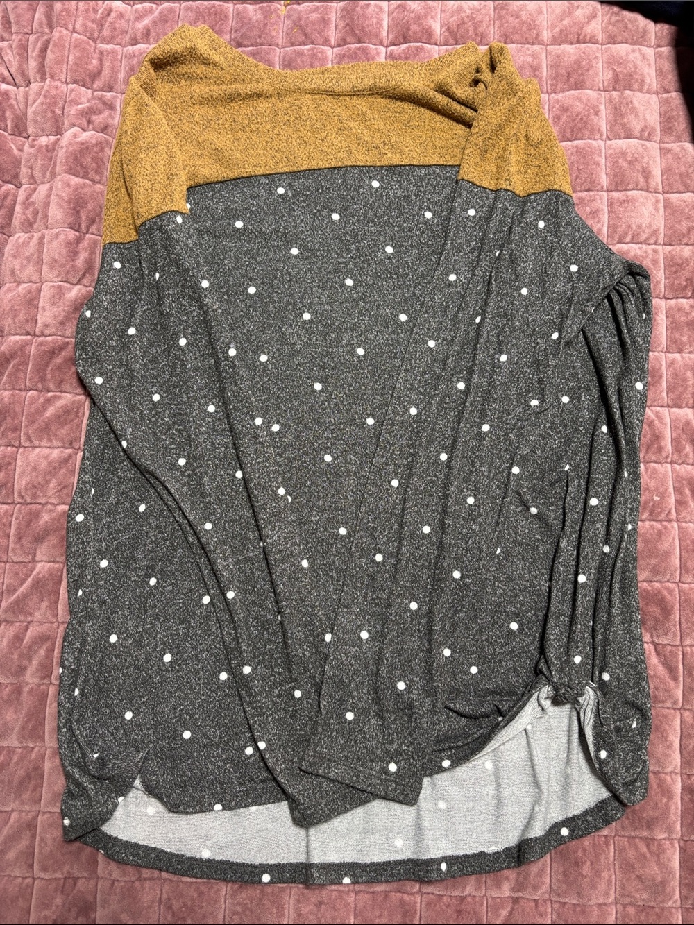 Maurices Long Sleeve Colorblock Top in Mustard and Charcoal with White Dots
